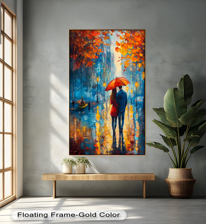 Romantic Couple Strolling Under Red Umbrella - Love Oil Painting