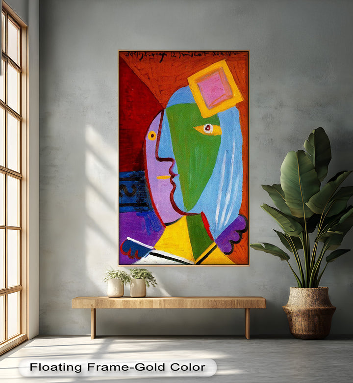 Golden Frame Gaze – Colorful Woman Picasso Style Oil Painting