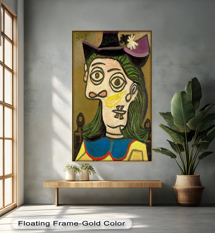Whimsical Gaze – Abstraktes Porträt mit grünem Haar, kubistisches Ölgemälde