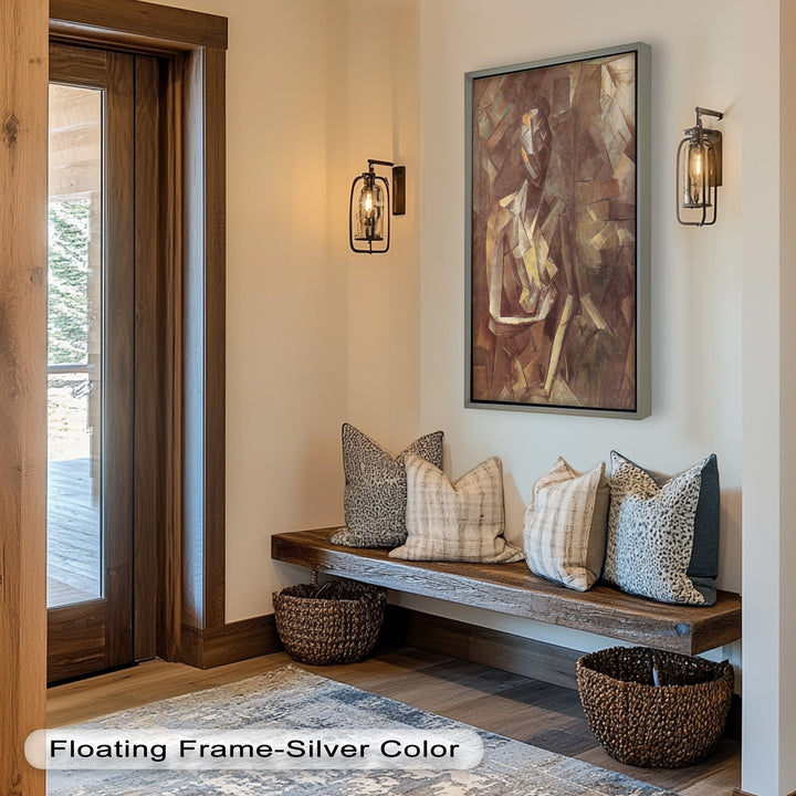 An expressive cubist artwork capturing a figure in quiet reflection, created with layered facets in a natural, neutral palette.

