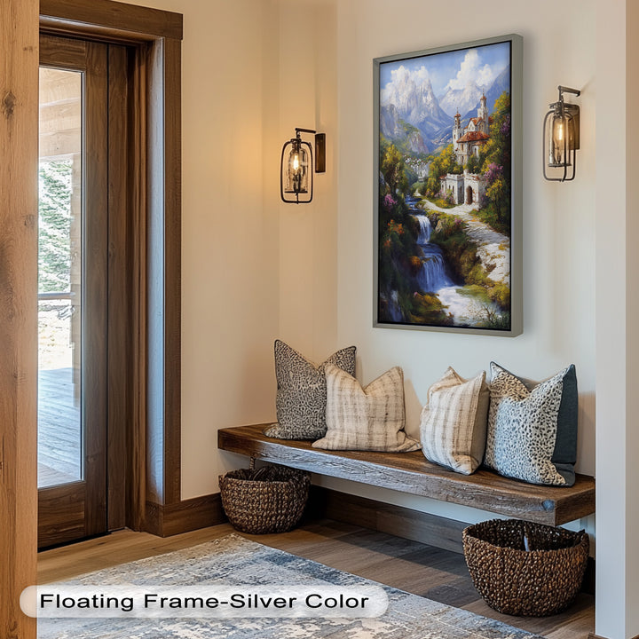 Mountain Abbey by the Falls – Serene Renaissance Oil Painting
