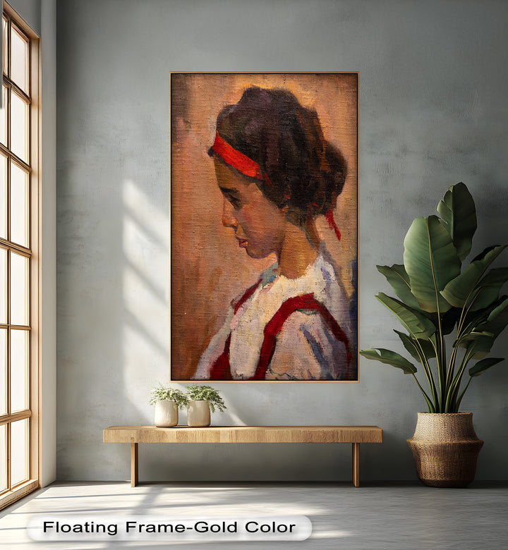 Crimson Reverie – Side Portrait of a Girl in Red Headband Oil Painting