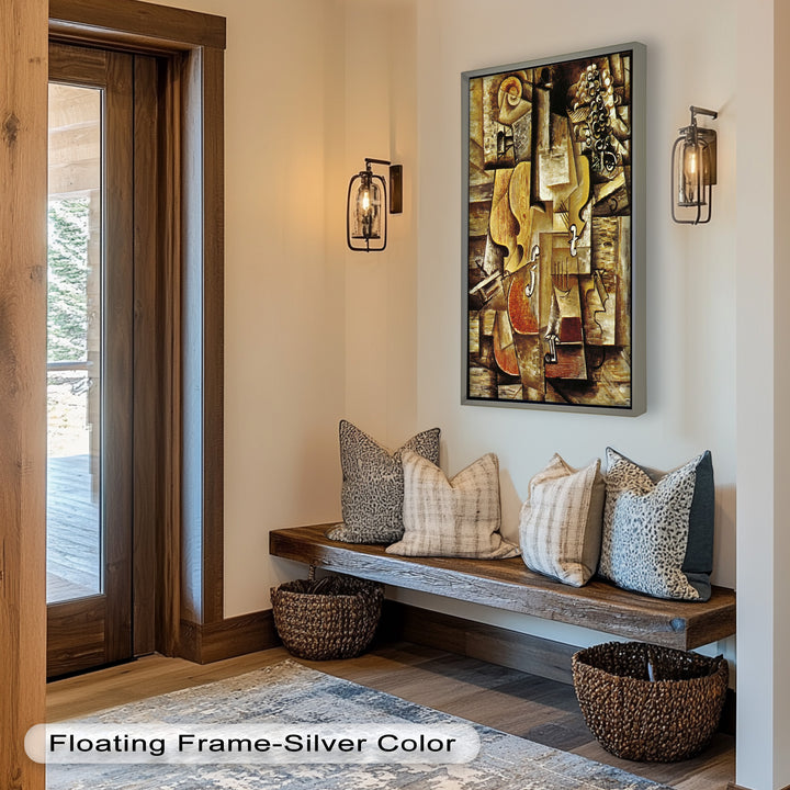 An intricate cubist painting of a cello and grapes, blending abstraction and realism through a harmonious palette of browns and tans.
