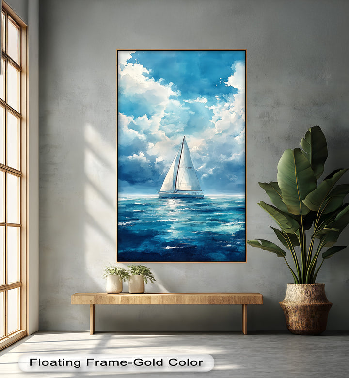White Sailboat Blue Skies - Modern Oil Painting