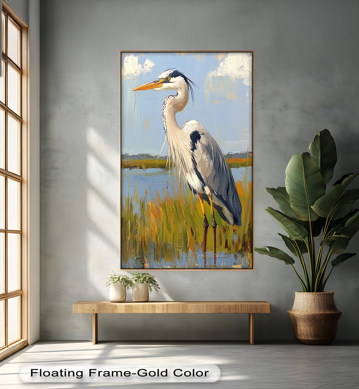 Heron in Sunlit Wetlands - Animal Oil Painting