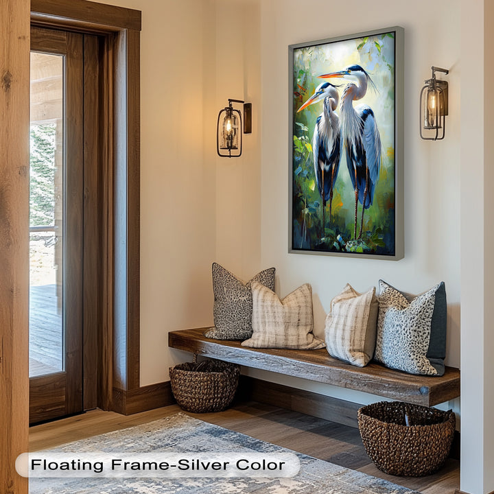 Pair of Herons in Forest Light – Animal Oil Painting