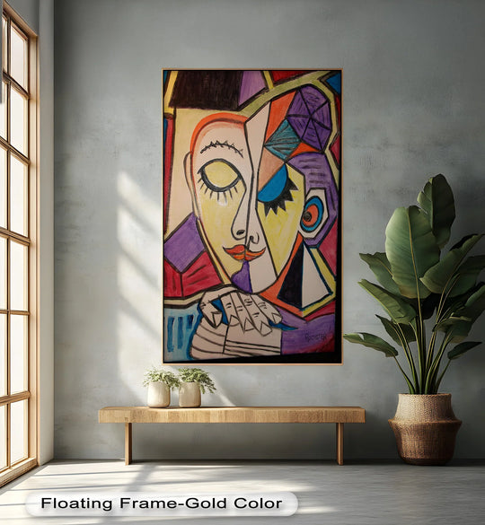 The central subject is a Picasso-style abstract woman rendered in vivid color, making it a captivating oil painting art piece with a touch of cubist flair.