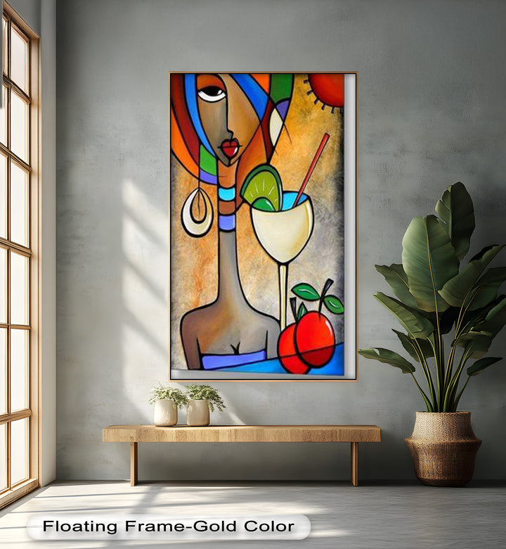 Tropical Muse – Colorful Woman with Cocktail Abstract Oil Painting