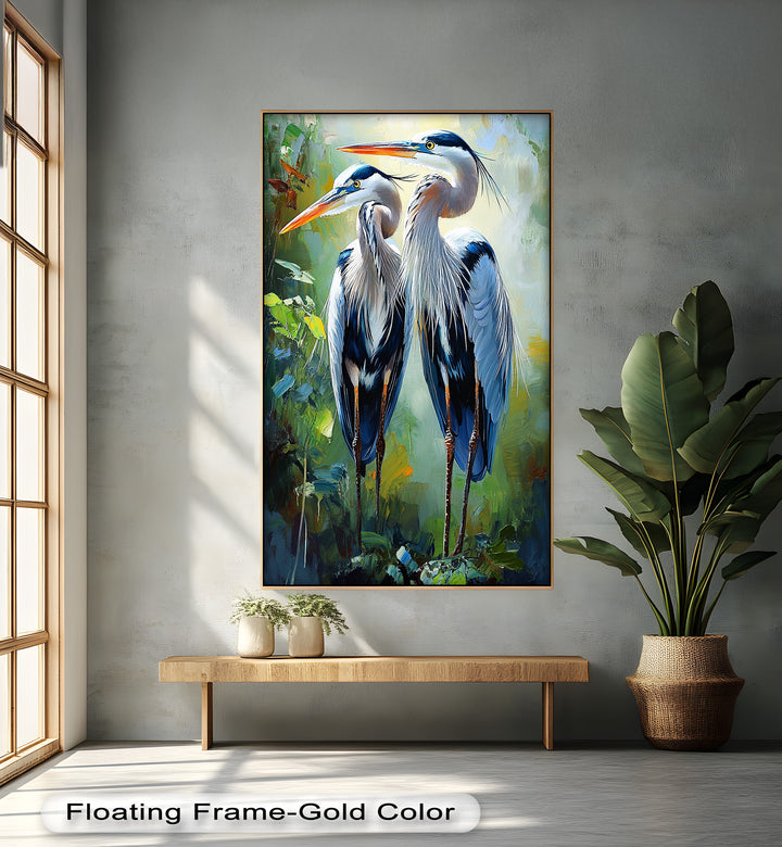 Two Herons Among Verdant Shadows - Animal Oil Painting