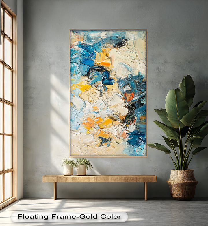 Sunlit Currents – Strukturiertes abstraktes Ölgemälde in Blau und Gelb