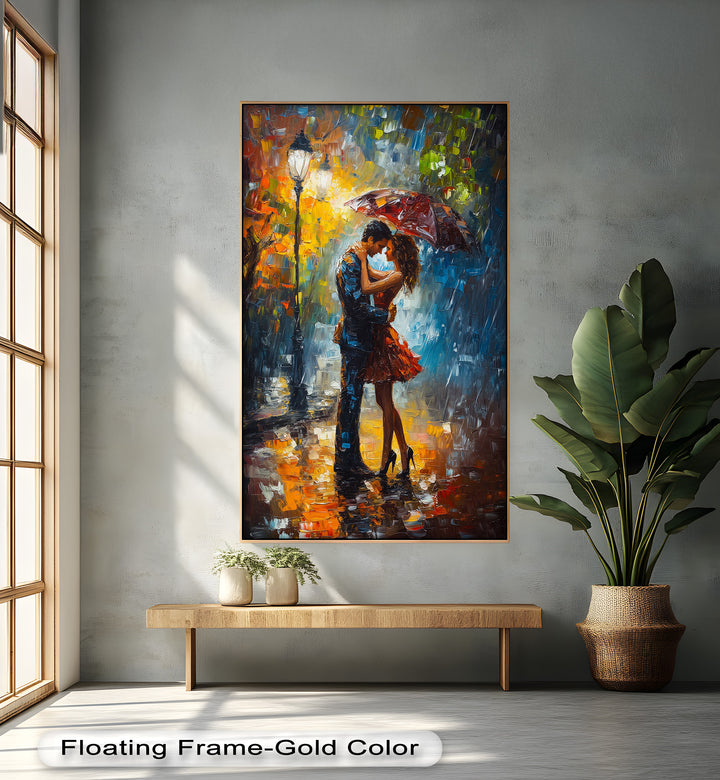 Embrace in Autumn Rain – Passionate Love Oil Painting