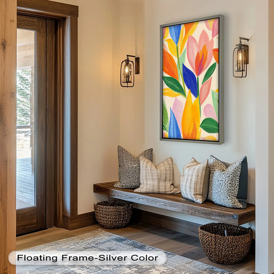 Warm color temperature illuminates the cheerful garden blooms abstract botanical oil painting artwork, creating a cozy focal point in the room.
