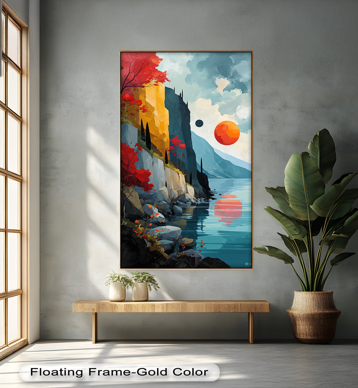 Crimson Horizons – Surreale Küstentraumlandschaft, abstraktes Ölgemälde