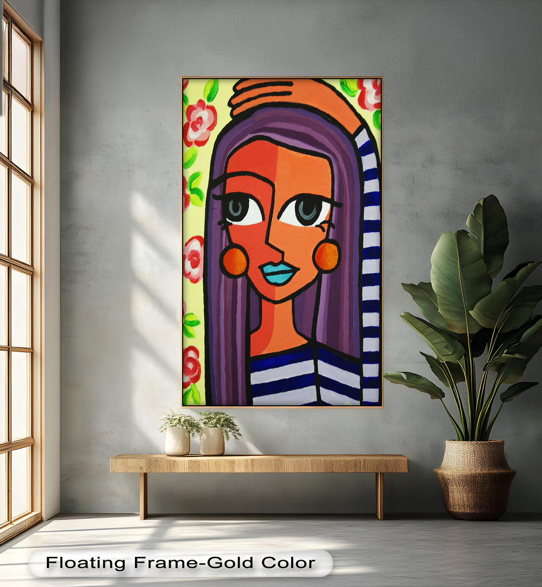 Striped Muse – Vibrant Woman with Flowers Picasso Oil Painting