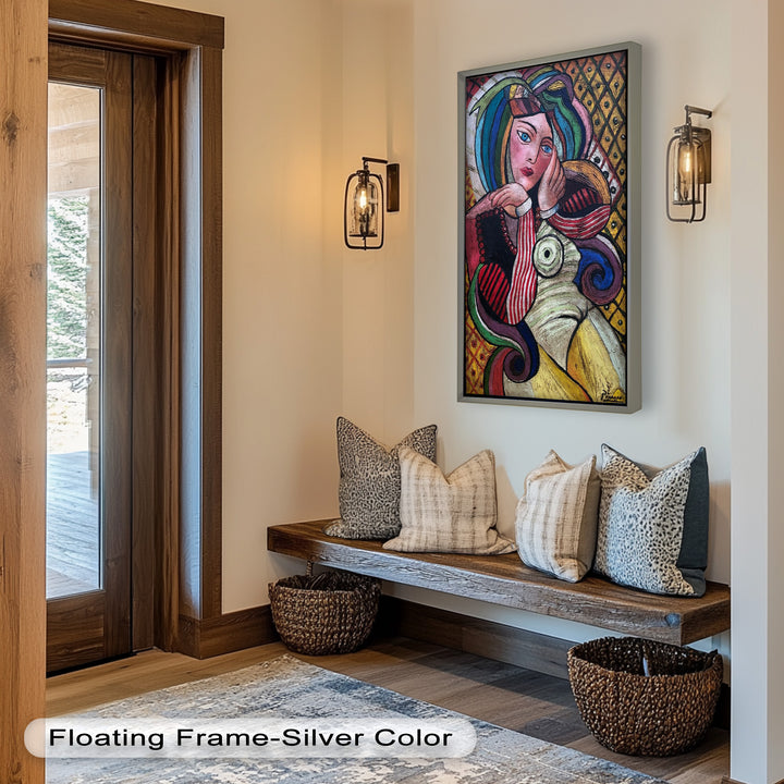 Melancholy in Stripes – Colorful Cubist Woman Portrait Picasso Oil Painting