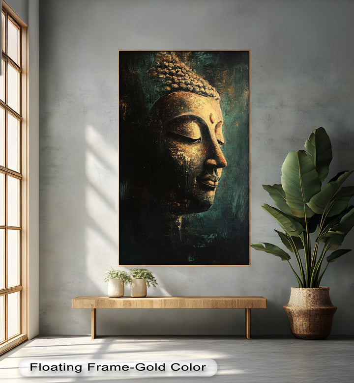 A contemplative Buddha face in profile, painted with textured strokes and glowing with inner tranquility.