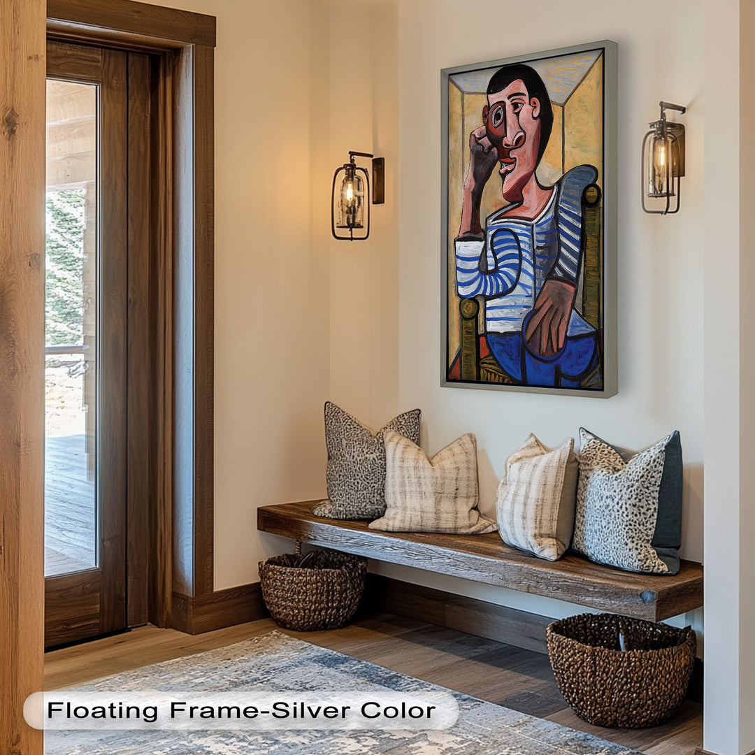 Melancholy in Stripes – Seated Man with Blue Shirt Picasso Oil Painting