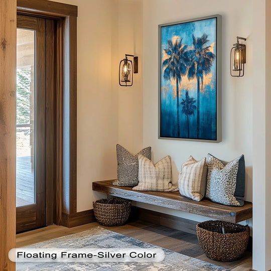 Surface texture highlights the brushstrokes in this blue sunset palms oil painting reproduction print, giving the tropical scene a dimensional quality.