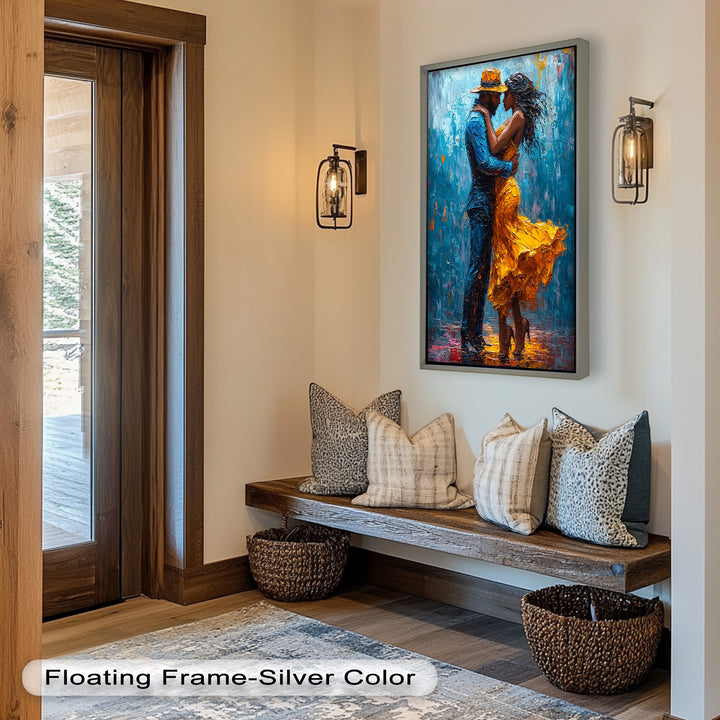 Midnight Embrace – Vibrant Couple in Yellow Dress Oil Painting
