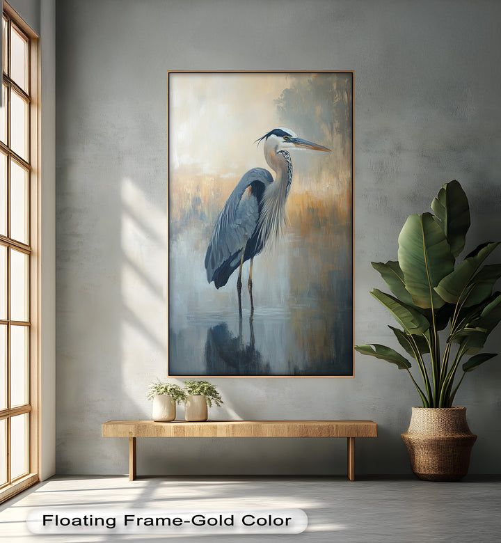 Heron in Misty Reflections - Animal Oil Painting
