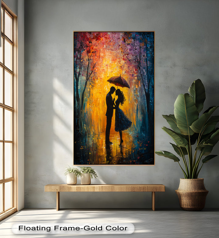 Under the Glow – Romantic Couple with Umbrella Love Oil Painting