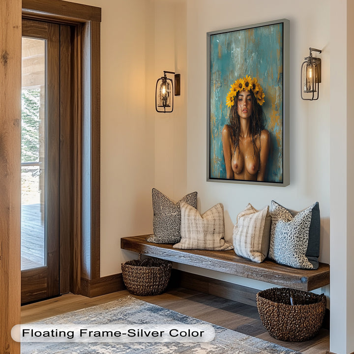 Sun-Kissed Solstice – Woman with Sunflower Crown Abstract Oil Painting