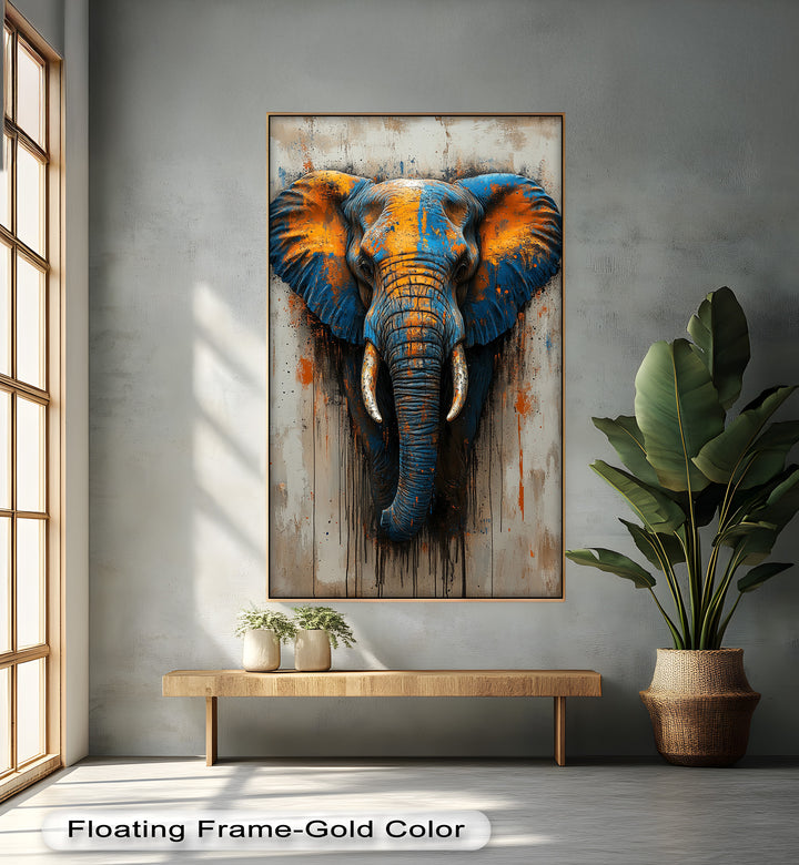 Blue and Orange Elephant Portrait - Animal Oil Painting