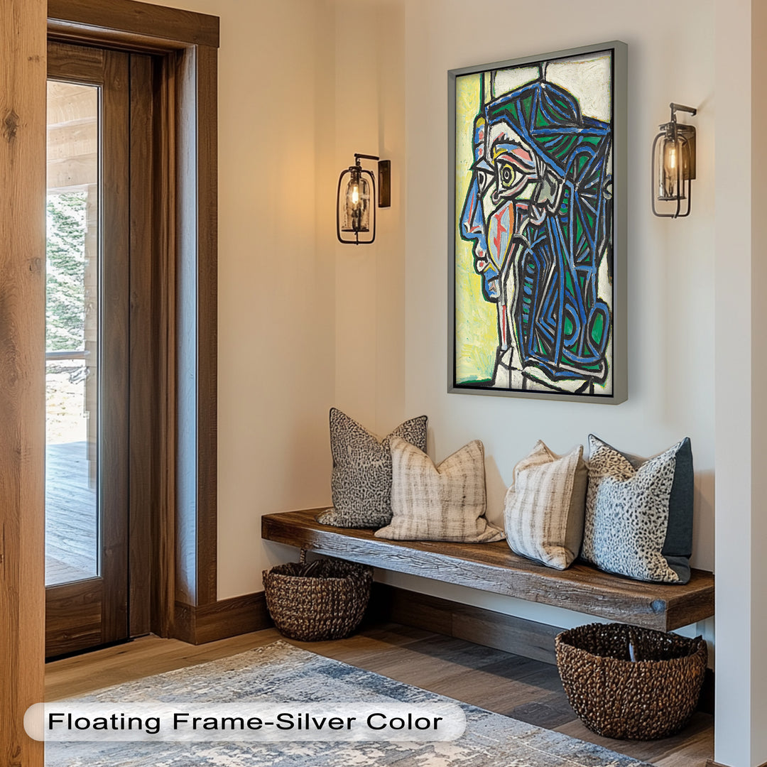 Angular Gaze – Geometric Portrait with Blue and Green Lines Picasso Oil Painting
