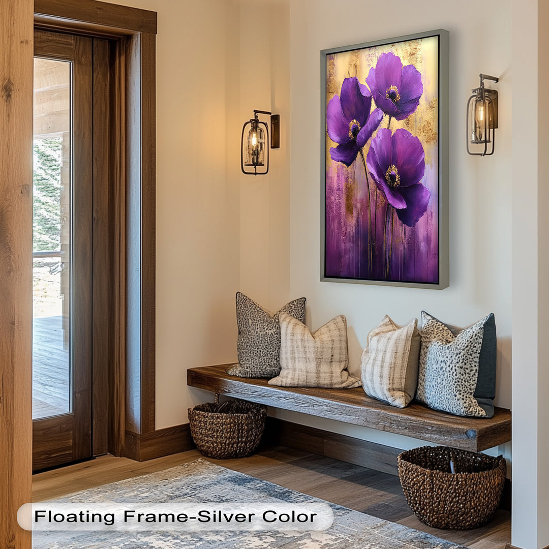 Velvet Blossoms – Purple Floral Elegance with Gold Flower Oil Painting