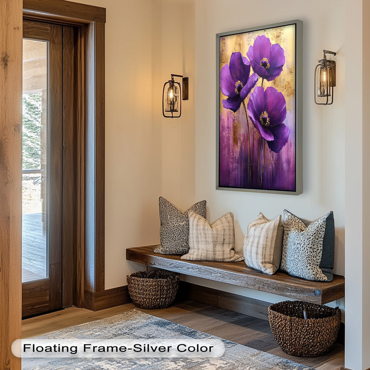 Velvet Blossoms – Purple Floral Elegance with Gold Flower Oil Painting