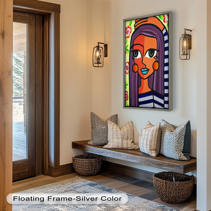 Striped Radiance – Playful Woman with Purple Hair Picasso Oil Painting