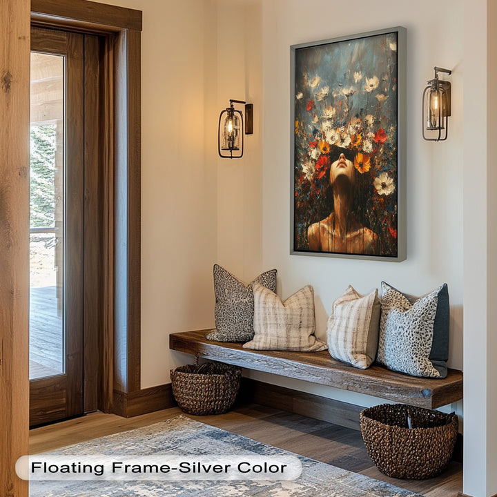 Floral Rebirth – Woman with Blossoming Crown Abstract Oil Painting