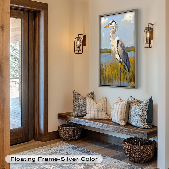 Heron in Sunlit Wetlands – Modern Oil Painting