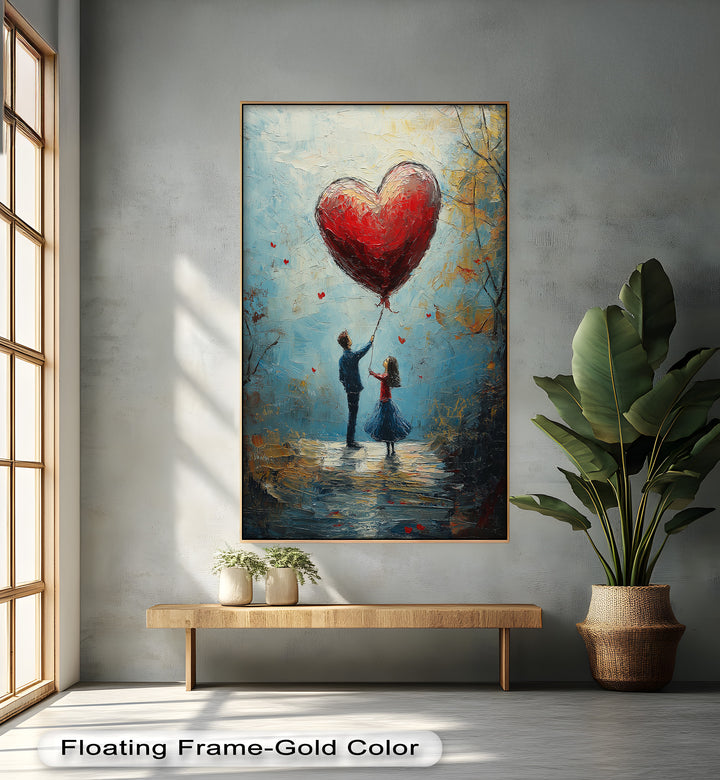 Heart Balloon Dreams – Whimsical Couple Love Oil Painting