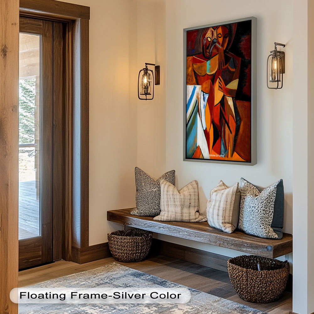 A striking cubist composition featuring two stylized human forms, embracing with angular lines and rich shades of red, orange, and blue.

