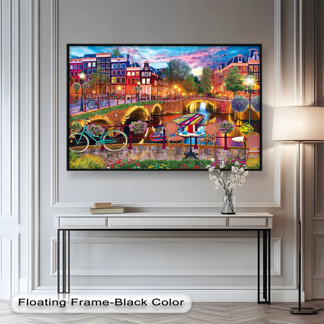 A beautifully detailed wall art piece depicting Amsterdam at dusk, with glowing waters, classic Dutch architecture, and a peaceful riverside ambiance
