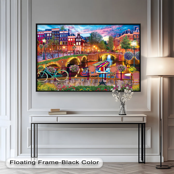 A beautifully detailed wall art piece depicting Amsterdam at dusk, with glowing waters, classic Dutch architecture, and a peaceful riverside ambiance
