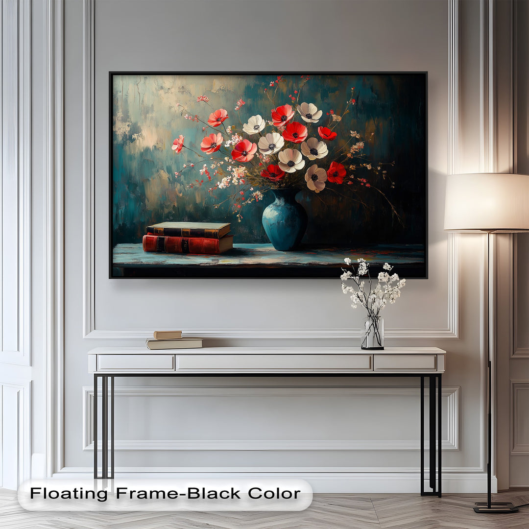 Vibrant Floral Vase with Books – Botanical Oil Paintings