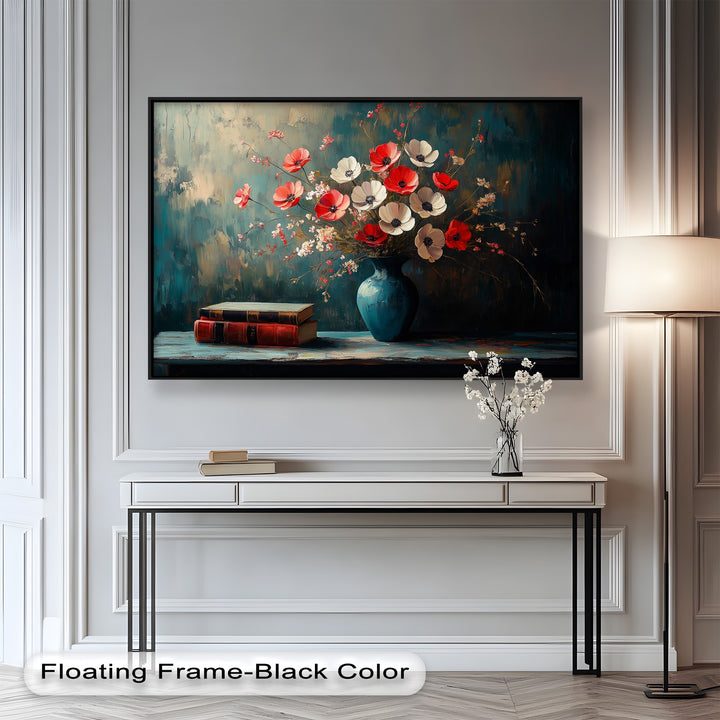 Vibrant Floral Vase with Books – Botanical Oil Paintings