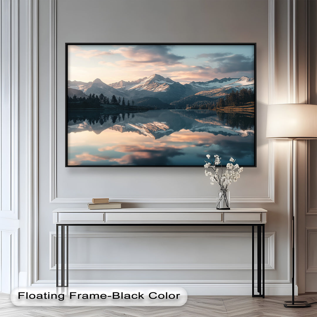 Sunlit alpine mountain painting with tranquil lake reflections.
