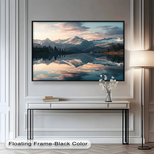 Evoking a serene mood, this landscape showcases a 'Mountain Reflections' oil painting wall art, with snow-capped mountains and their reflections creating a peaceful, modern scene.