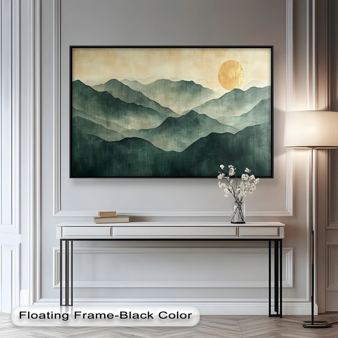 Layered mountain landscape with gold sun and misty green tones.
