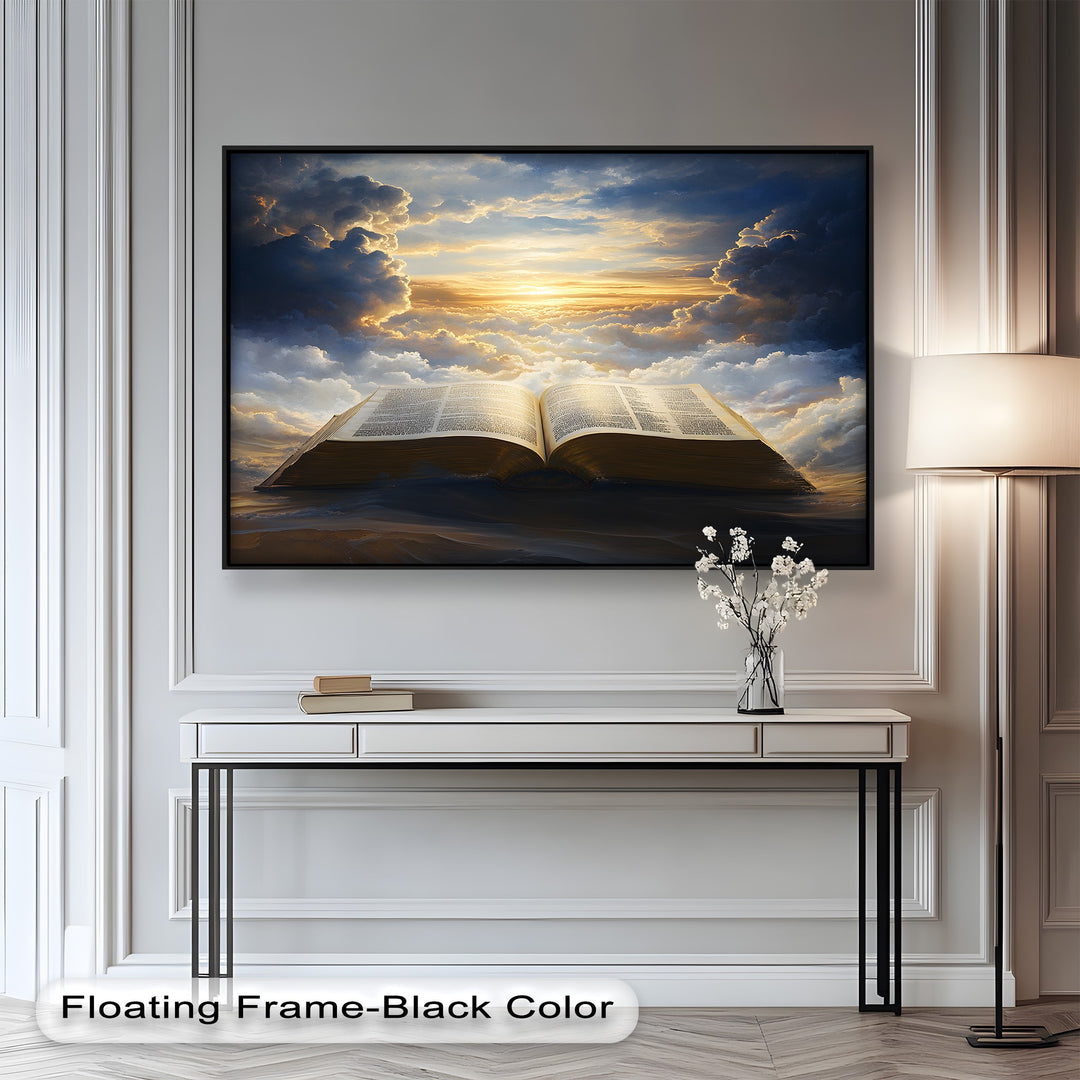 Heavenly light painting with open Bible and glowing sky.
