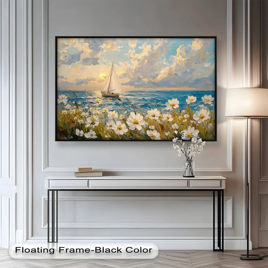 Light and shadow interplay across the framed oil painting wall art, highlighting the daisies and the sunlit sailboat in 'Sailing into Serenity'.