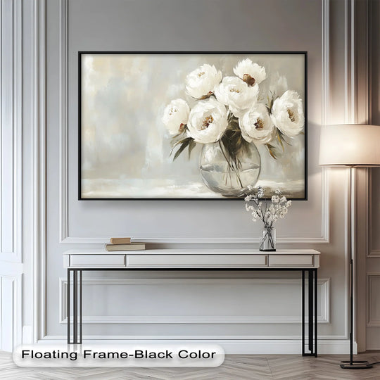 A glass vase filled with delicate white peony blossoms takes center stage in this floral oil painting decoration, showcasing the artistry of classic painting.