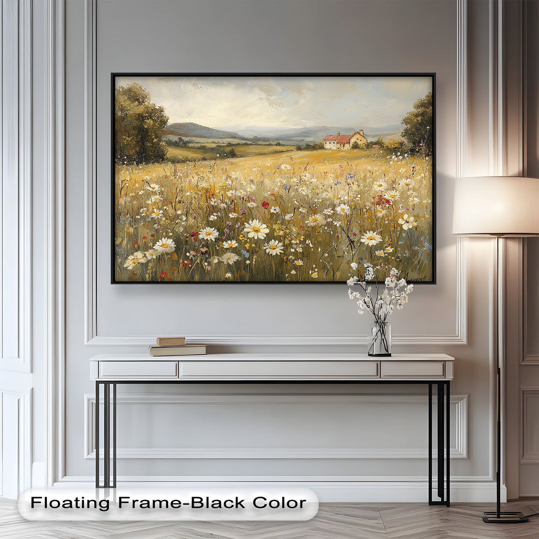 Wildflower field painting with charming farmhouse in golden hills.
