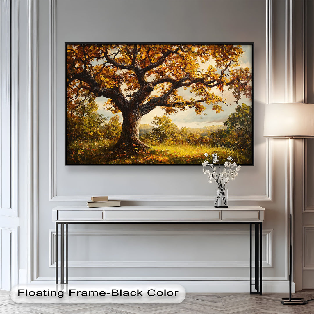 Golden oak tree in a sunlit autumn meadow.
