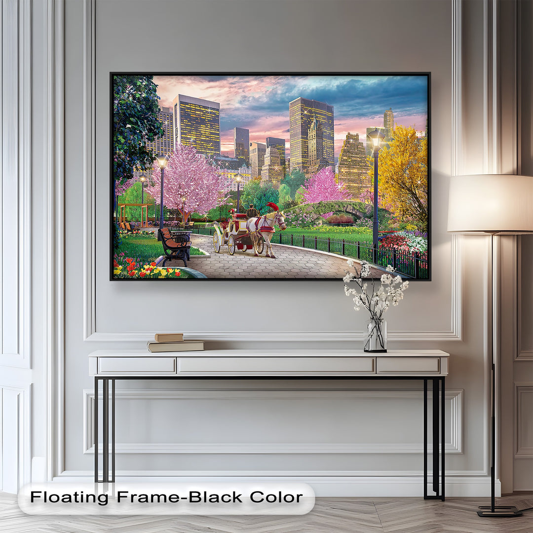 A picturesque framed painting depicting a scenic park pathway, colorful trees in full bloom, and a horse carriage, set against a breathtaking city skyline
