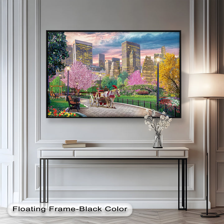 A picturesque framed painting depicting a scenic park pathway, colorful trees in full bloom, and a horse carriage, set against a breathtaking city skyline
