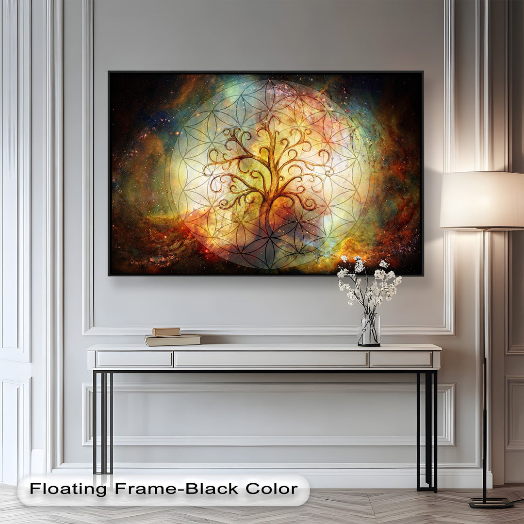 A mystical framed wall art featuring the Tree of Life intertwined with the Flower of Life symbol, set against a cosmic galaxy background